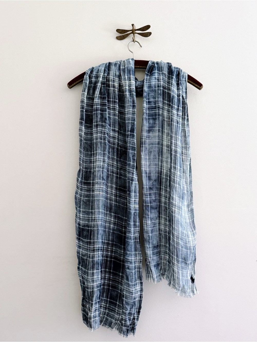 Ralph Lauren Linen Blue Plaid Lightweight Scarf